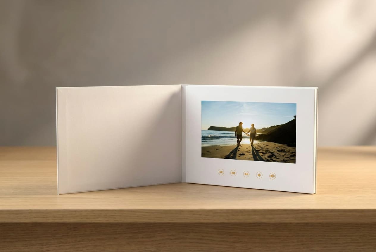 Videobook, um livro de capa dura com uma tela tocando um vídeo musical